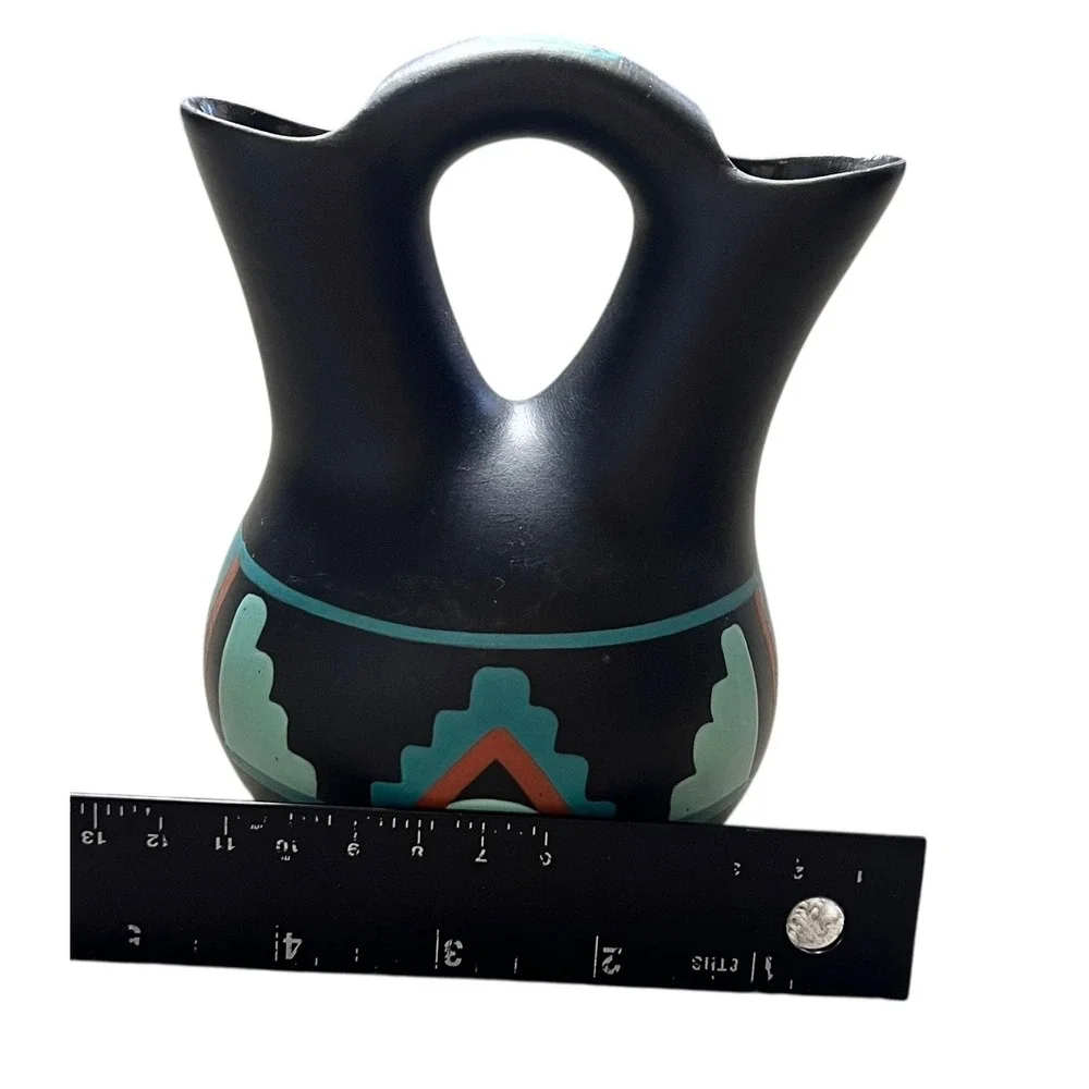 Black‎ Mesa Pottery Wedding Vase Matte Black Southwestern Geometric Signed 5.5